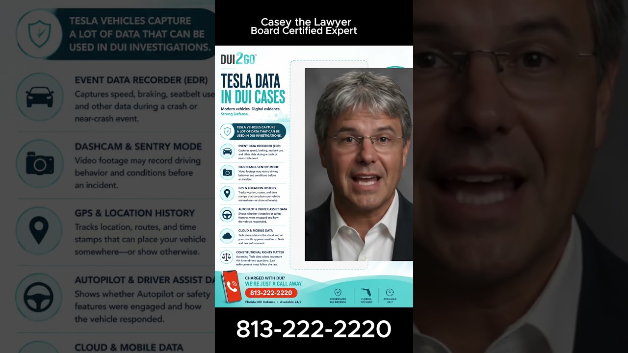 Tesla Data in DUI Cases: How Your Car Becomes Evidence in Court? Board-Certified criminal trial specialist Casey Ebsary explains how Florida prosecutors use Tesla telemetry, Autopilot status, and video logs in DUI cases, and how defense lawyers challenge this electronic evidence.You can watch our full video analysis detailing how modern vehicular data impact courtroom defense strategies.